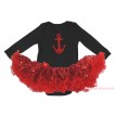 Black Long Sleeve Bodysuit Bling Red Sequins Pettiskirt & Sparkle Red Anchor Print JS4871